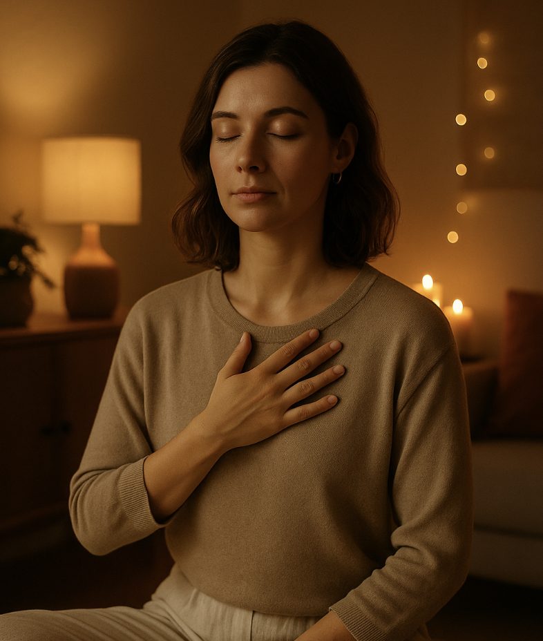 Eine junge Frau mit geschlossenen Augen sitzt in einem warm beleuchteten Raum. Sie trägt ein beigefarbenes Oberteil und hat die rechte Hand sanft auf ihr Herz gelegt – ein Zeichen für Achtsamkeit oder Selbstverbindung. Im Hintergrund leuchten Kerzen und eine Tischlampe, daneben eine Pflanze und eine Couch. Die Atmosphäre ist ruhig, geborgen und meditativ.